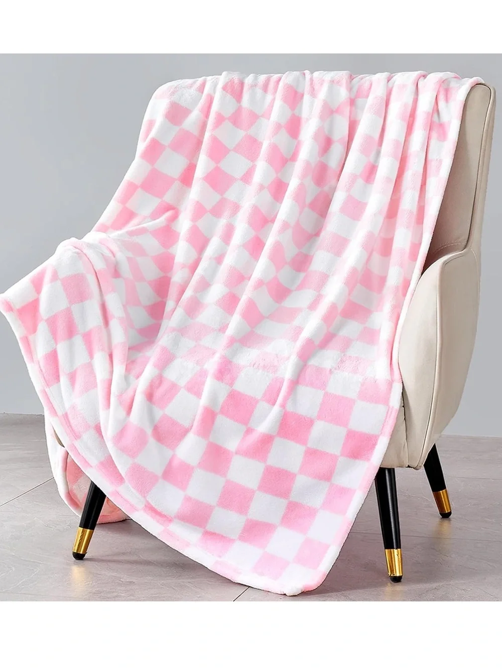 Plush Pink & White Checkered Throw Blanket
